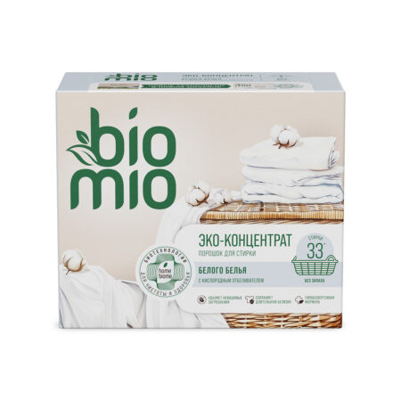 Экологичный порошок BioMio® BIO-LAUNDRY POWDER Whites с кислородным отбеливателем для стирки белого белья, без запаха, 33 стирки