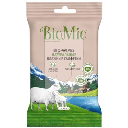 Влажные салфетки BioMio® BIO-WIPES универсальные, без запаха, с экстрактом хлопка, 15 шт