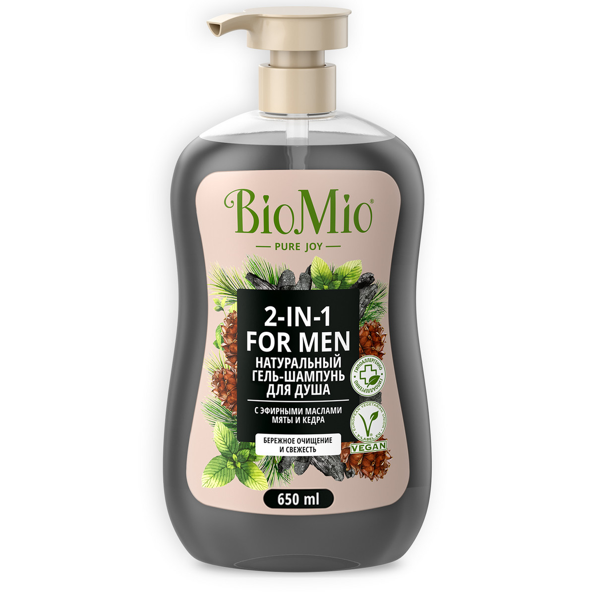 Гель-шампунь для душа мужской BioMio® BIO SHOWER BODY & HAIR GEL 2в1, мята и кедр, 650 мл