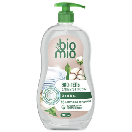 BioMio.Экологичное средство для мытья взрослой и детской посуды с экстрактом хлопка и ионами серебра. Концентрат. Без запаха. 900 мл
