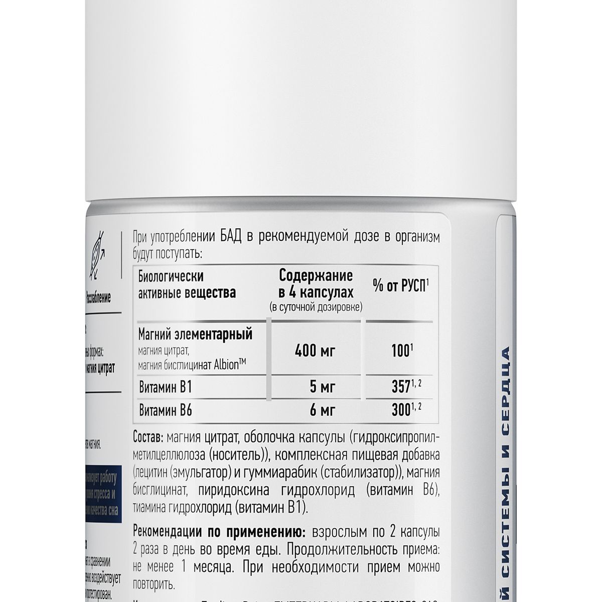 Магний 2 формы (хелат+цитрат) 400 мг плюс синергисты В1, B6, растительные капсулы №60 — изображение 2